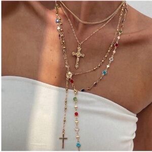 New! Gold Multicolor Cross Rosary Necklace Stack (3040) NWOT
